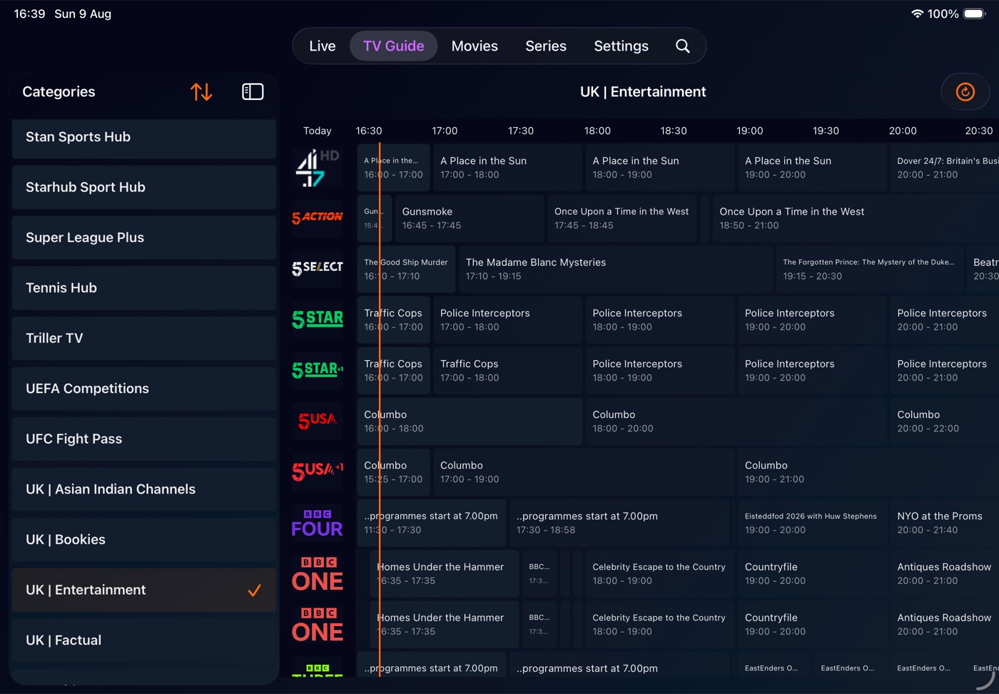 TV Guide on iPad showing category list and a wide multi-channel programme grid.