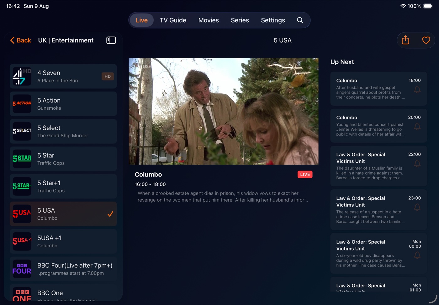 EpiPTV on iPad in landscape showing a channel list on the left, the live player in the centre and an Up Next list on the right.