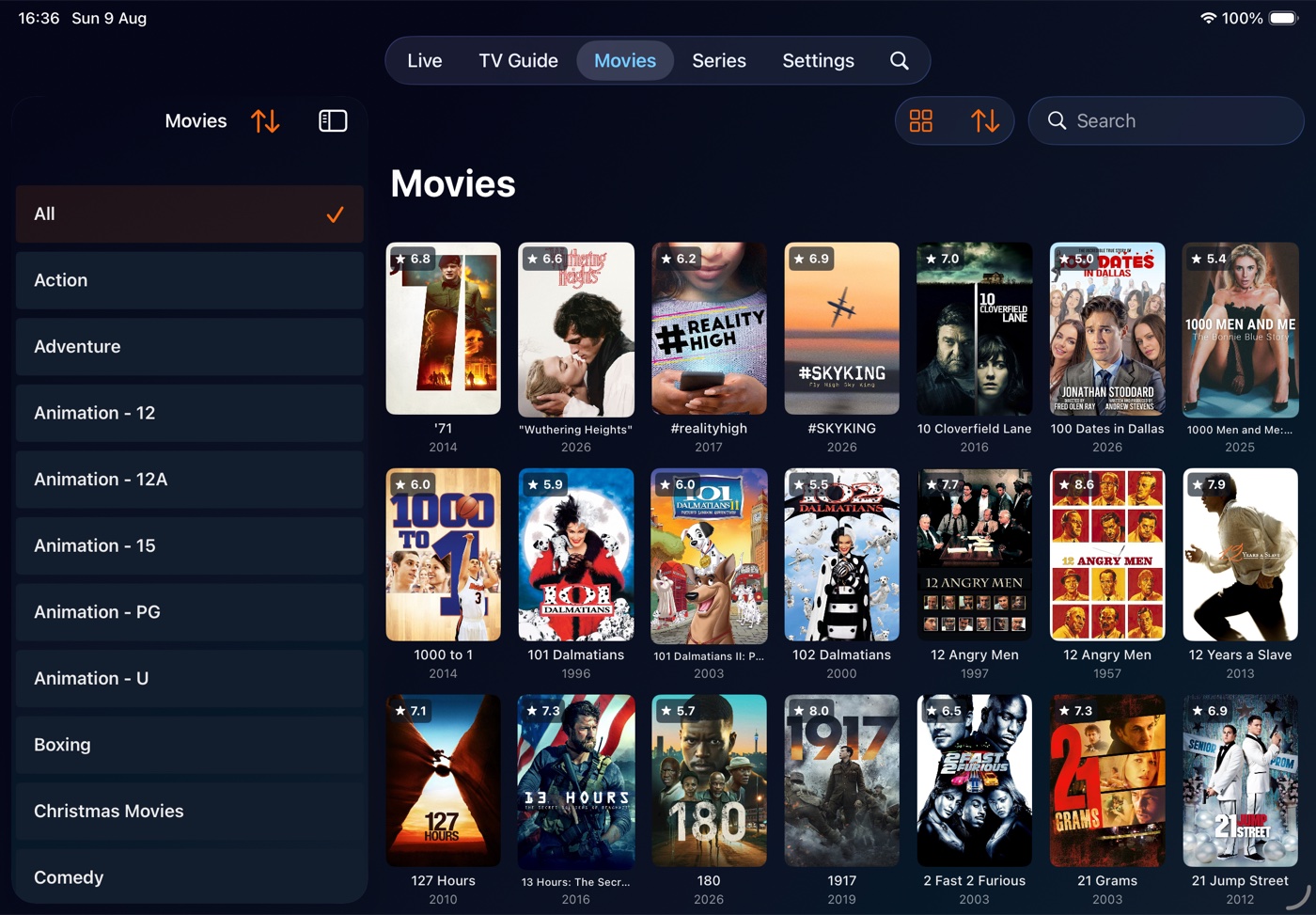 Movies on iPad showing a category sidebar and a large grid of movie posters with a search field.