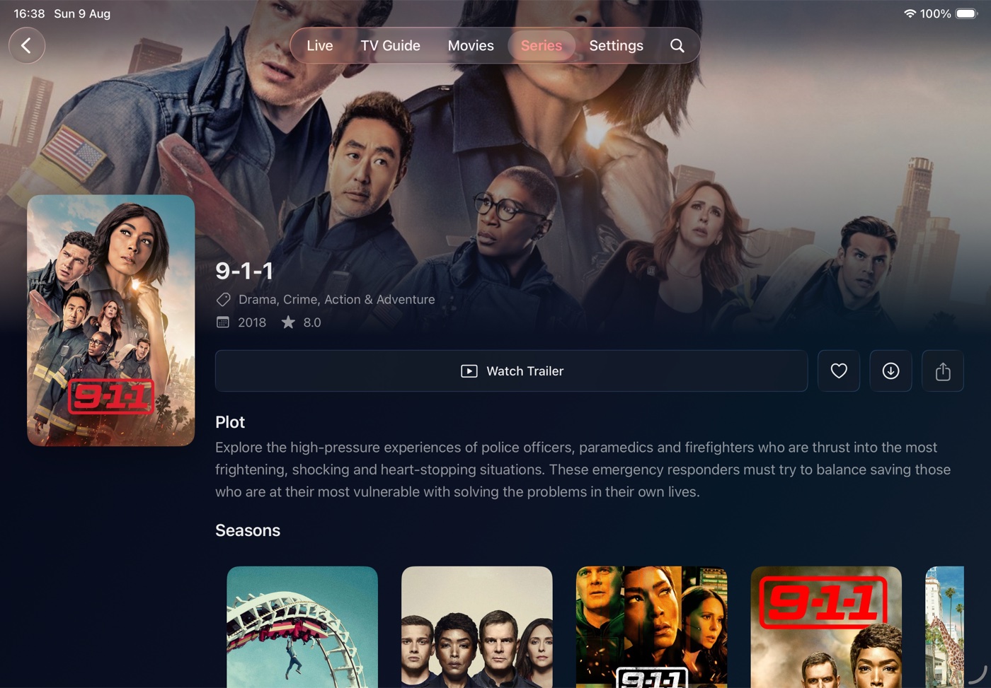 Series detail on iPad showing 9-1-1 with its poster, plot and season artwork, alongside favourite, download and share buttons.