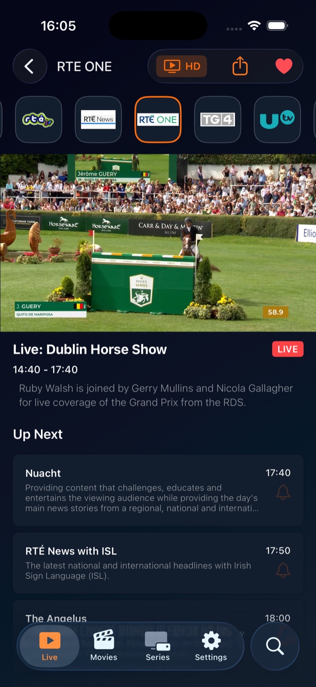 Live channel view on iPhone showing the current programme, a LIVE badge and an Up Next list with reminders.