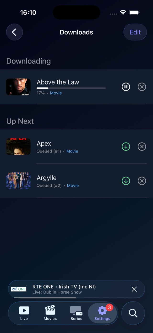 Downloads screen on iPhone showing one movie downloading with a progress bar and two more queued up next.
