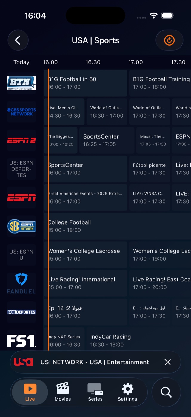 TV Guide on iPhone showing a scrollable programme grid across multiple channels.