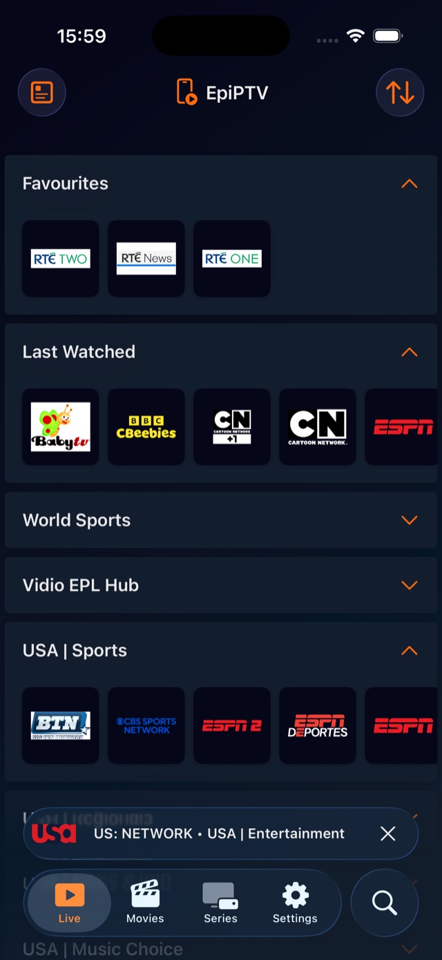 EpiPTV on iPhone showing the Live tab with Favourites, Last Watched and channel categories.