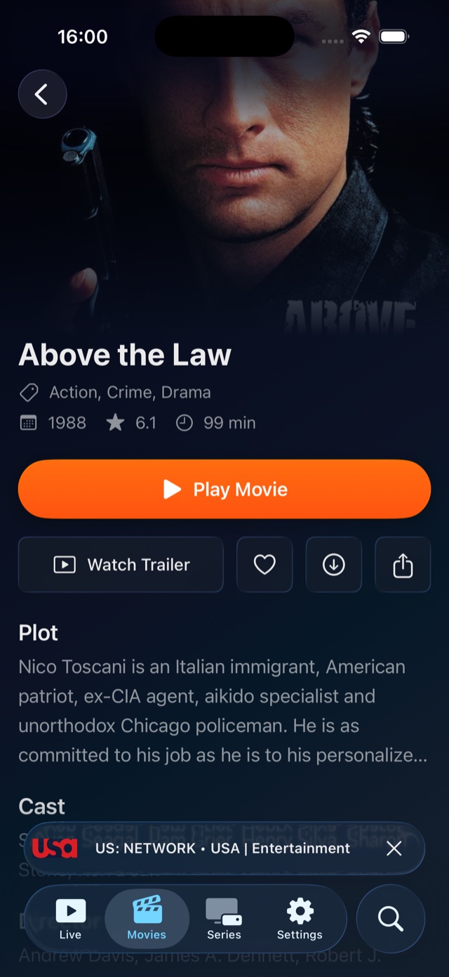 Movie detail page on iPhone for Above the Law showing genre, year, rating and runtime with a Play Movie button, trailer, favourite, download and share.