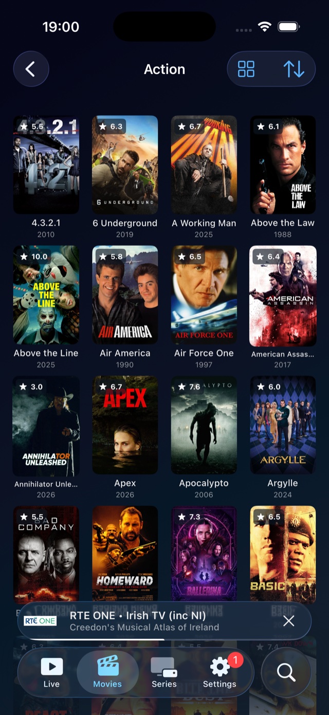 Movies grid on iPhone showing poster art and star ratings in the Action category.