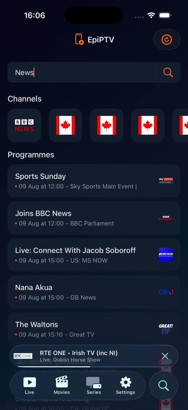 Search on iPhone showing channel and programme results for a query.
