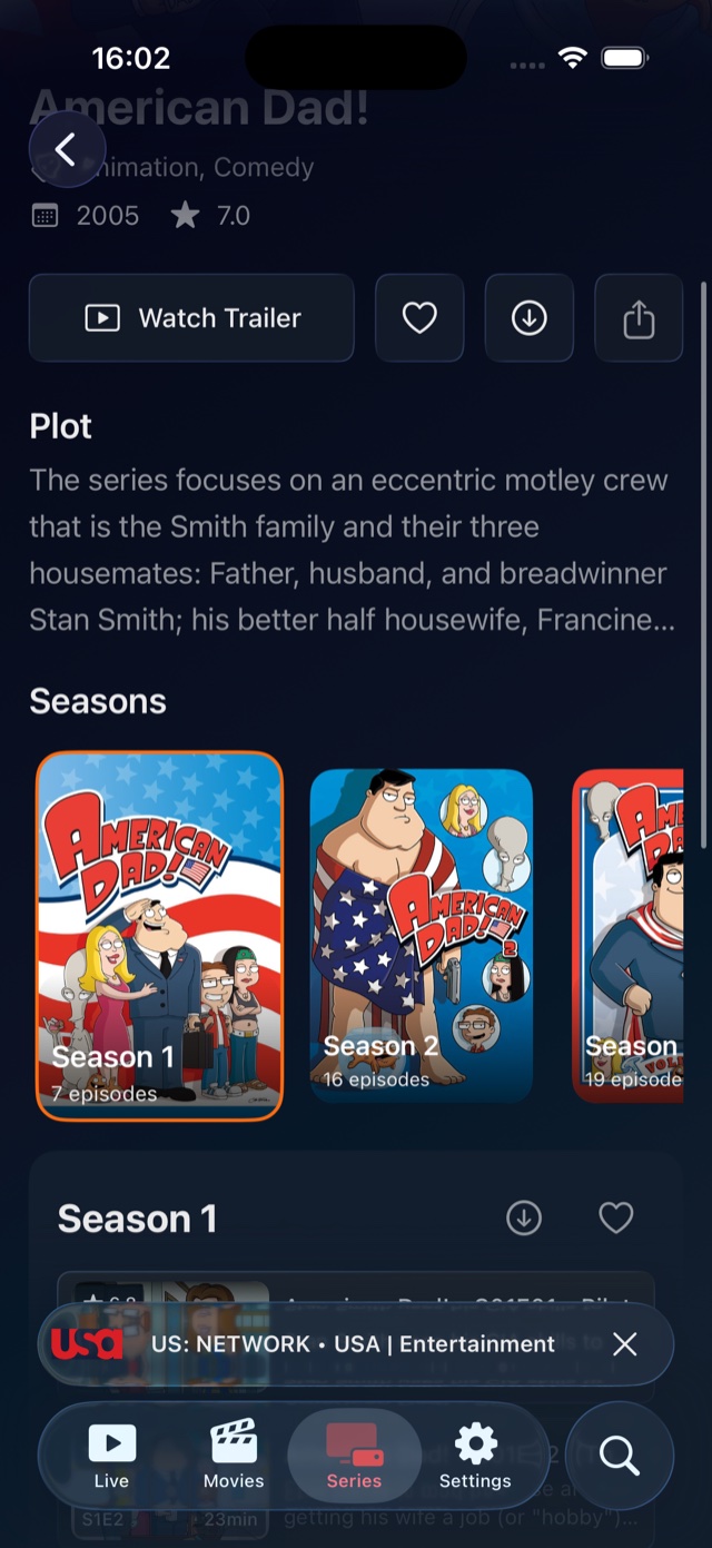 Series detail on iPhone showing American Dad! season posters and the Season 1 episode list.