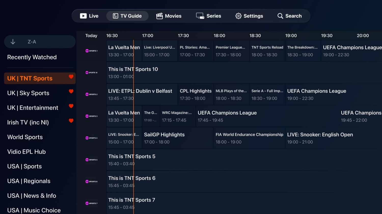 TV Guide on Apple TV showing a wide programme grid across many channels and time slots.