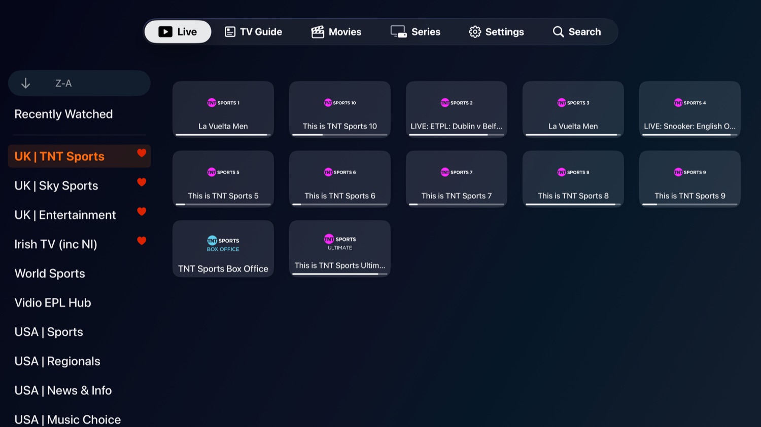 EpiPTV Live on Apple TV showing a category sidebar and a grid of channel tiles.