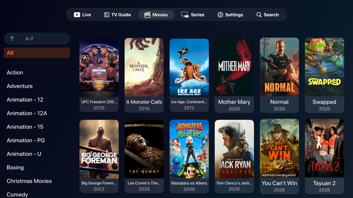 Movies on Apple TV showing a category sidebar and a large grid of movie posters.