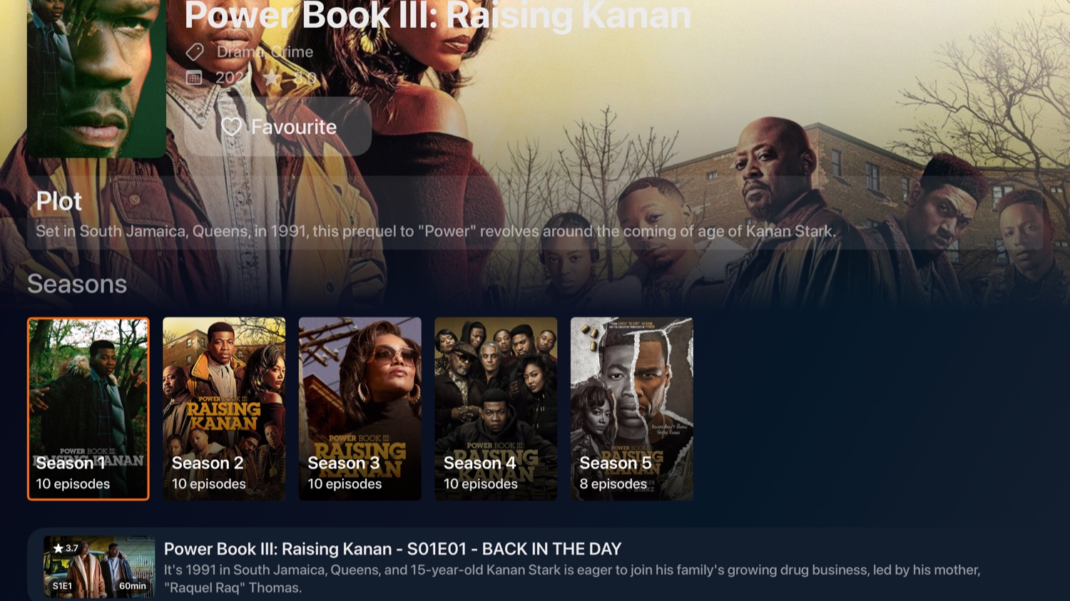 Series detail on Apple TV showing Power Book III: Raising Kanan with per-season poster artwork and an episode list.